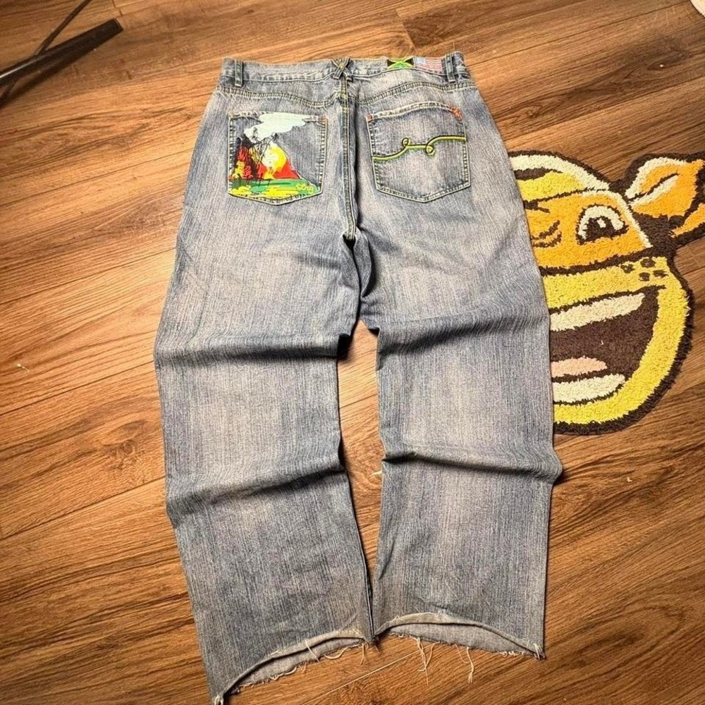Baggy distressed LRG blue denim jeans with sick embroidery  0200